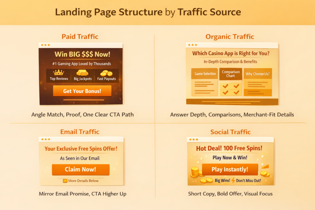 Landing page structure depending on traffic source